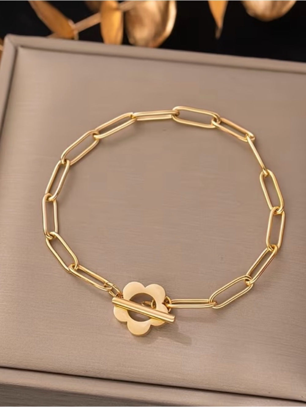 Gold Chain Link Bracelet with Flower Toggle